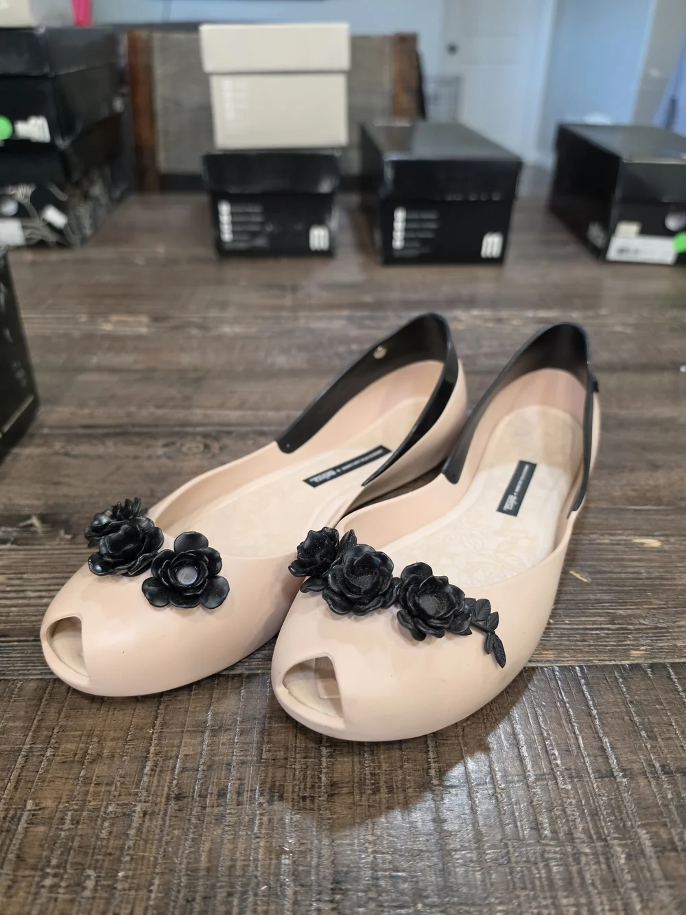 Melissa Nude Peep-Toe Flats with Black Floral Appliqués